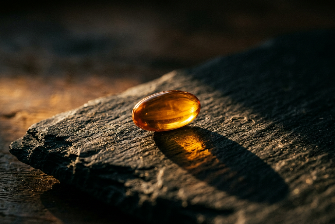 A golden-amber vitamin D softgel capsule resting on dark slate under warm morning sunlight, illustrating vitamin d hormone benefits