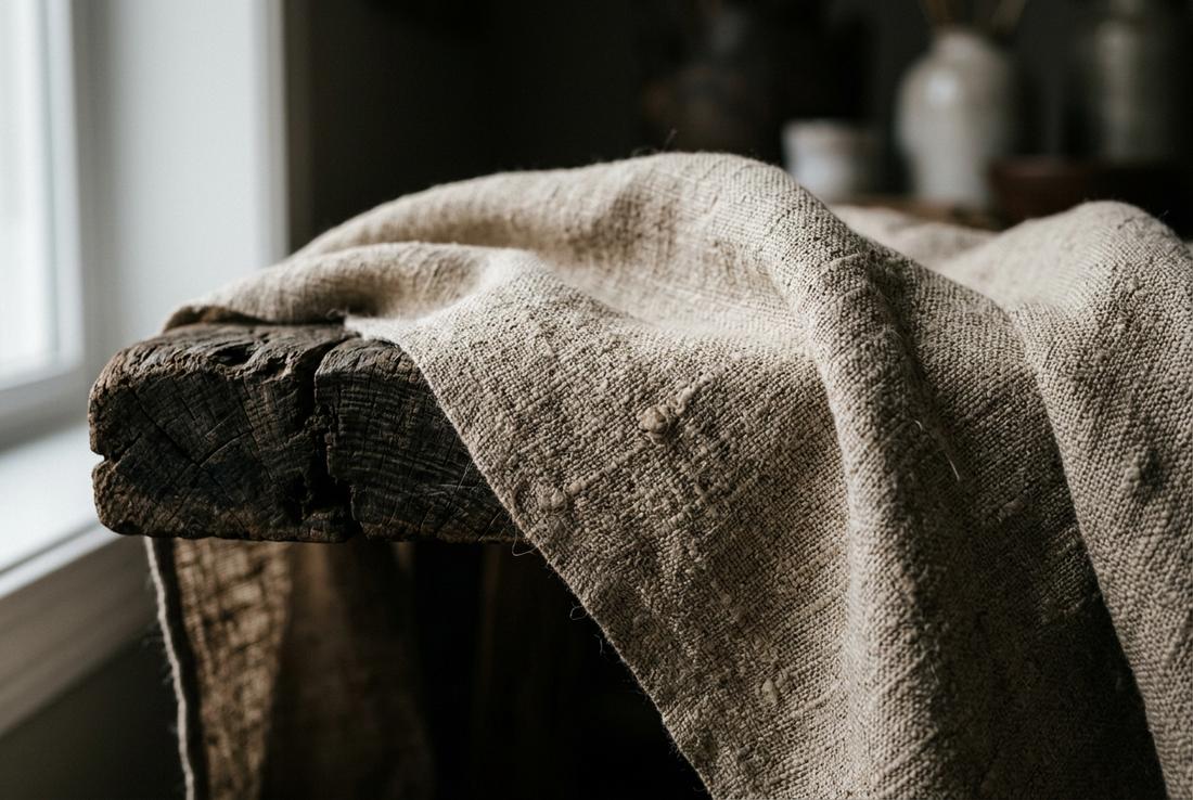 Raw unbleached organic French flax linen fabric under morning light, illustrating the energy fields and biophysical properties of natural fibers.
