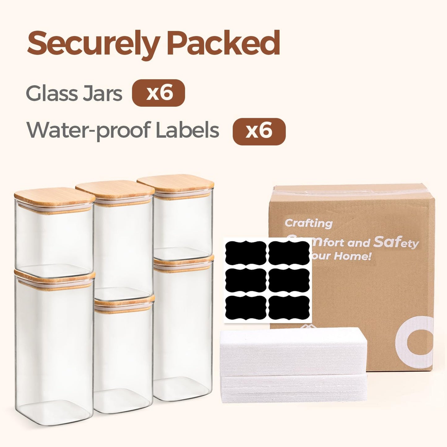 ComSaf Square Glass Pantry Canisters with Bamboo Lids | 6-Pack