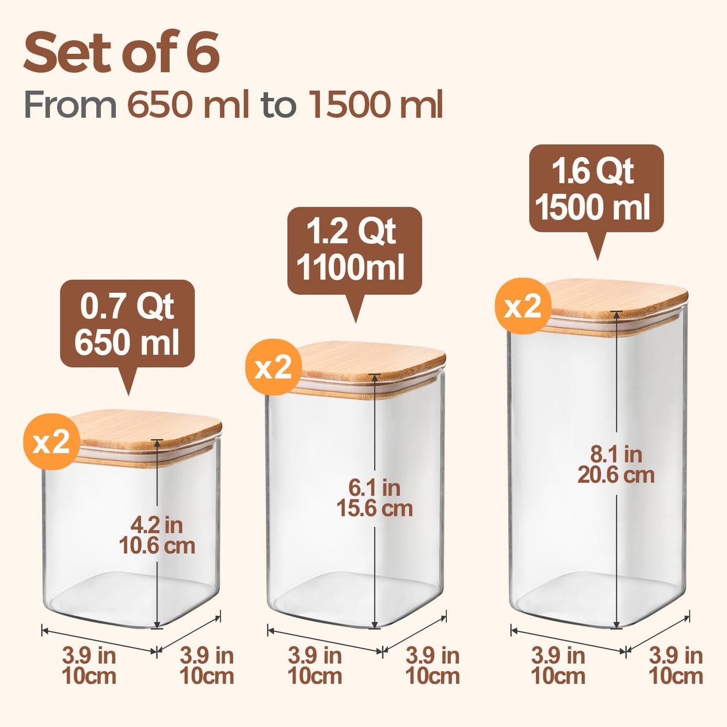ComSaf Square Glass Pantry Canisters with Bamboo Lids | 6-Pack