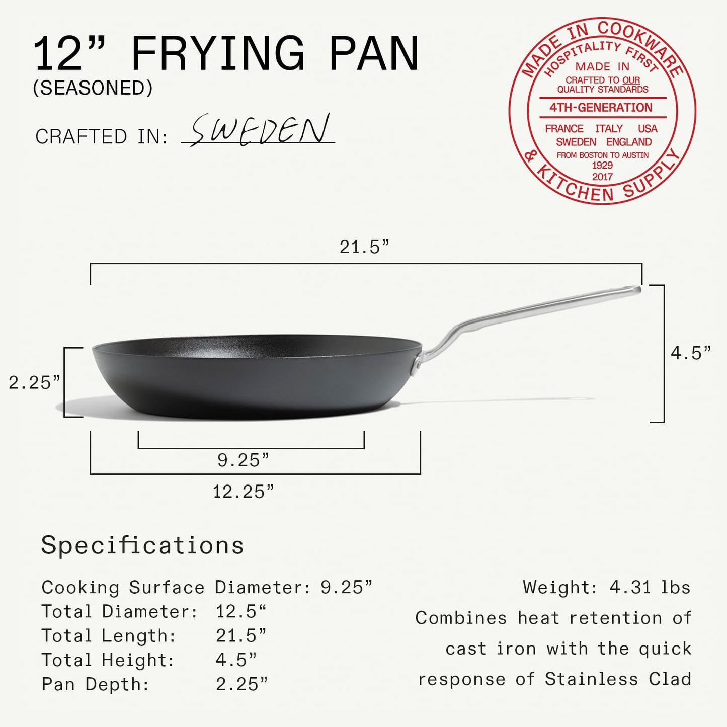 Made In Cookware - Seasoned 12" Carbon Steel Frying Pan - (Like Cast Iron, but Better) - Professional Cookware - Crafted in Sweden - Induction Compatible