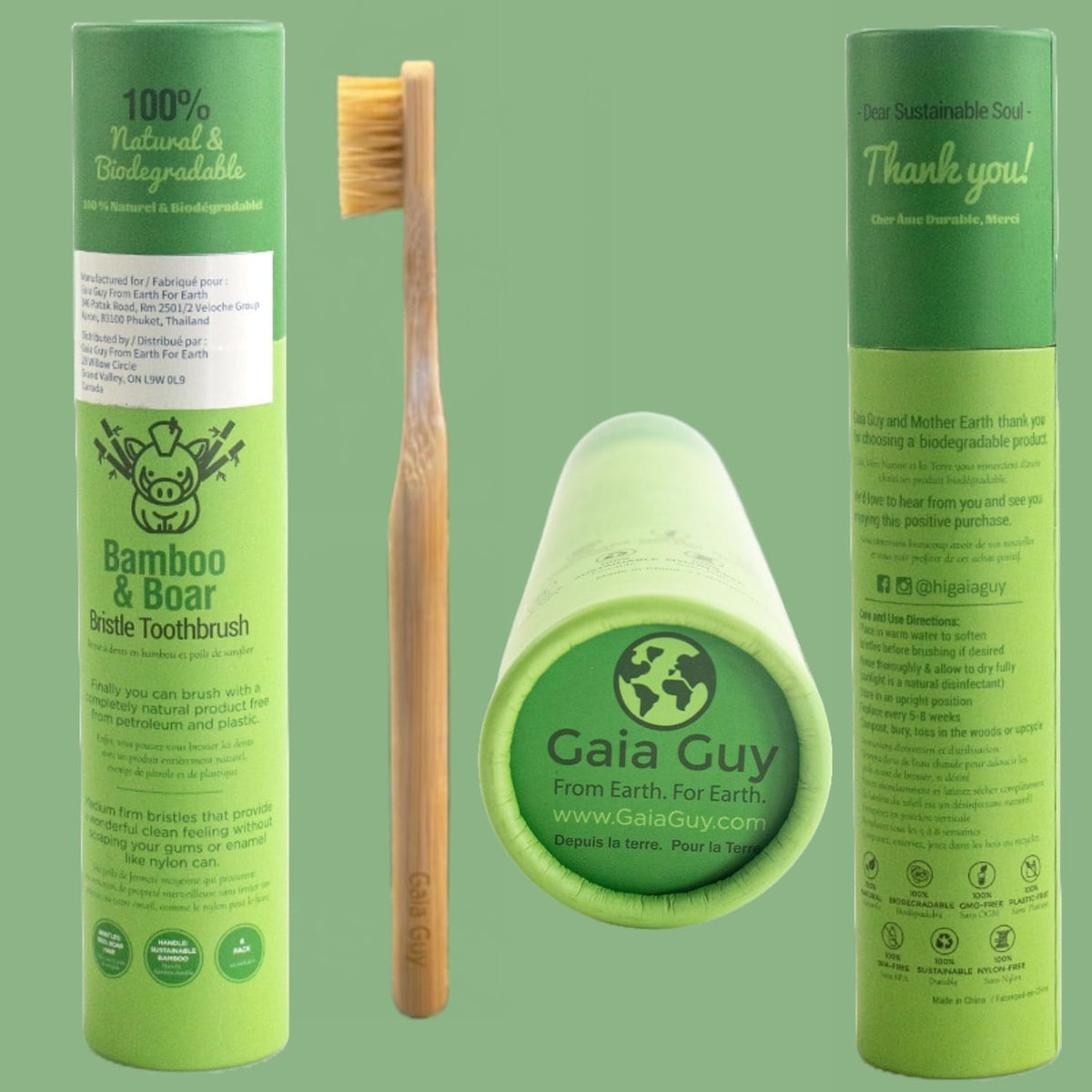 Gaia Guy 100% Natural Boar Bristle Bamboo Toothbrush (6-Pack)