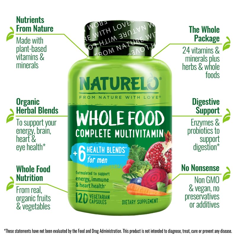 NATURELO Whole Food Multivitamin for Men (120 Vegan Capsules)