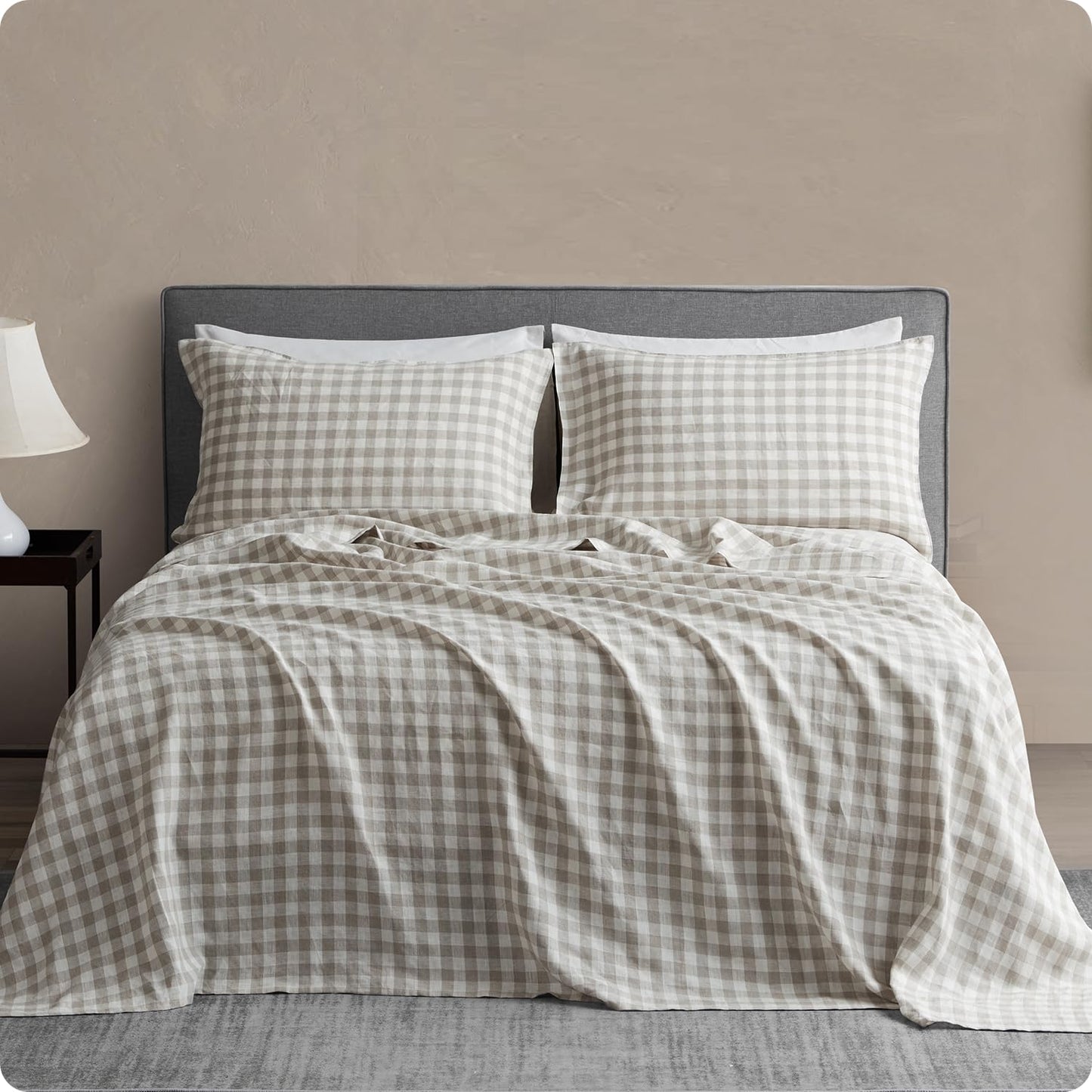 DAPU French Flax Pure Linen Sheet Set (Gingham Queen)
