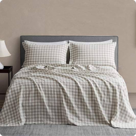 DAPU French Flax Pure Linen Sheet Set (Gingham Queen)