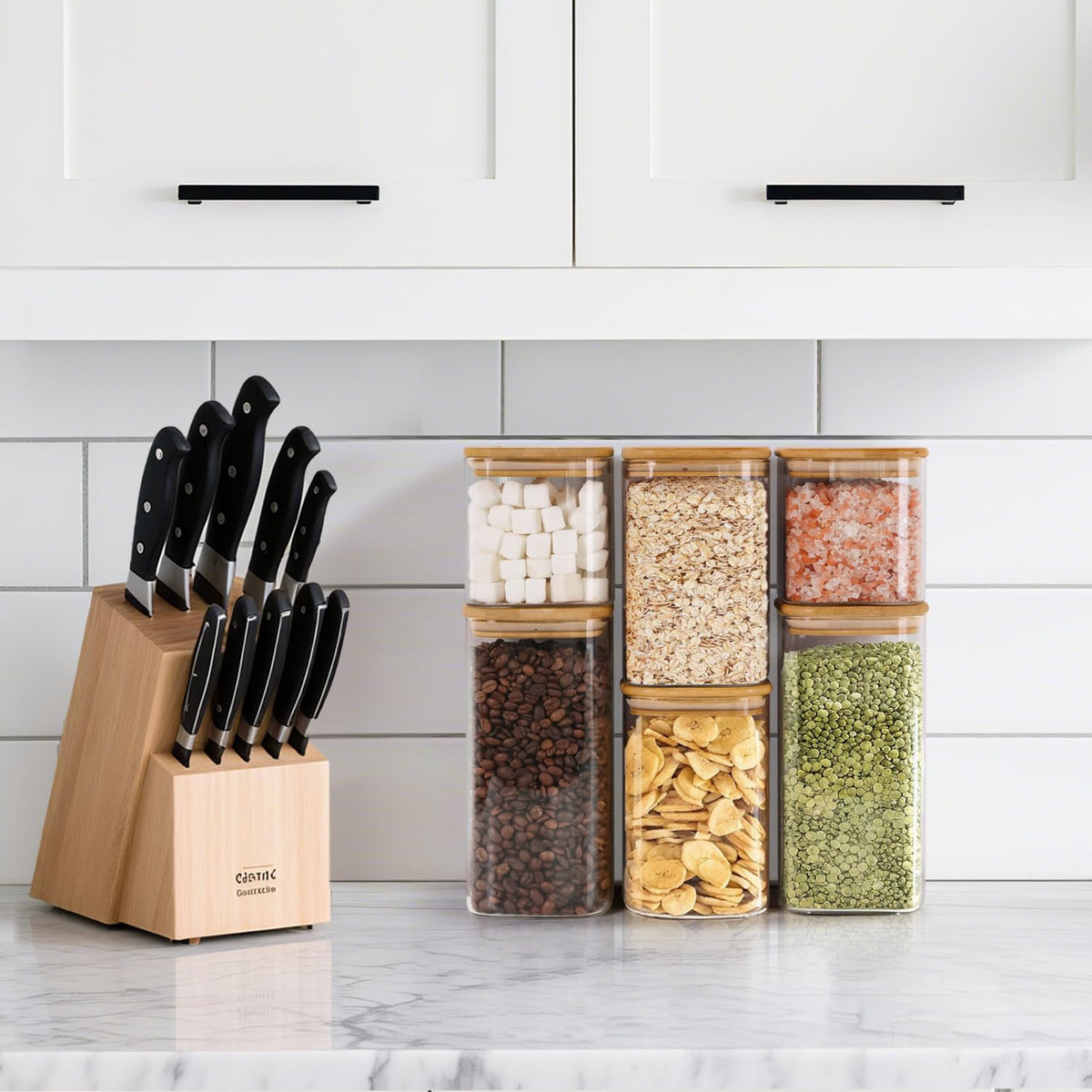 ComSaf Square Glass Pantry Canisters with Bamboo Lids | 6-Pack