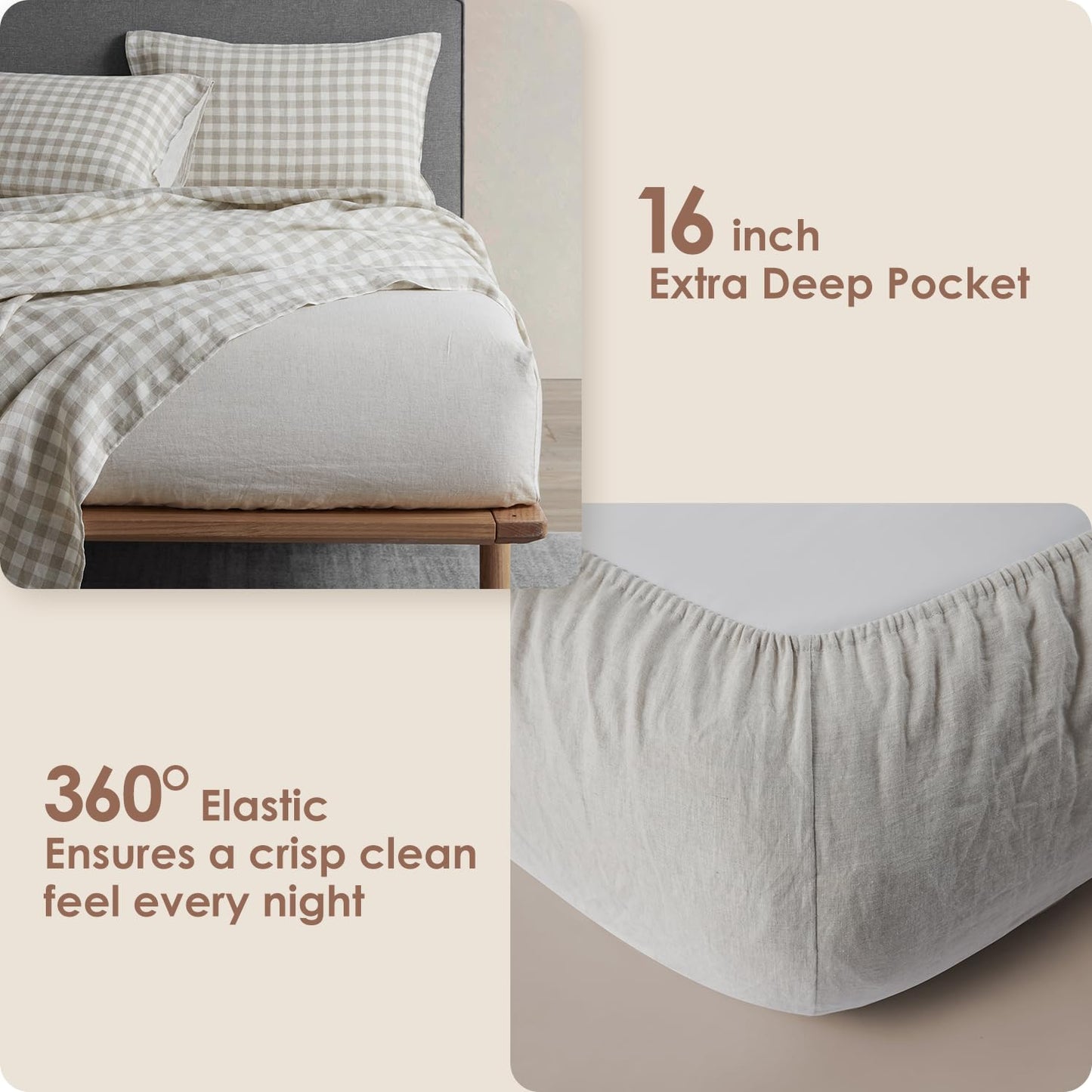DAPU French Flax Pure Linen Sheet Set (Gingham Queen)