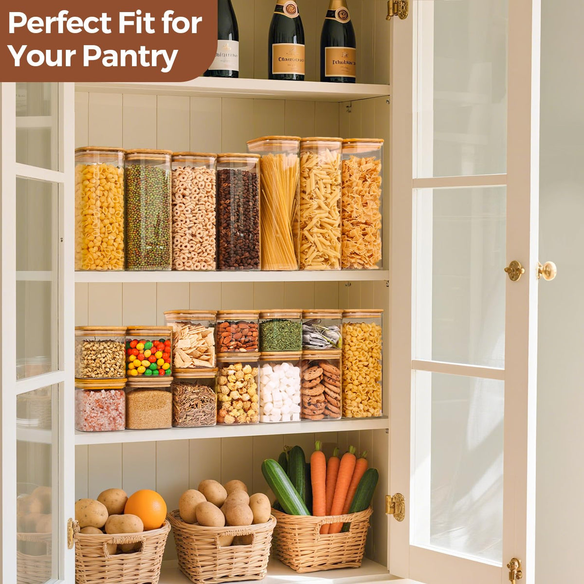 ComSaf Square Glass Pantry Canisters with Bamboo Lids | 6-Pack