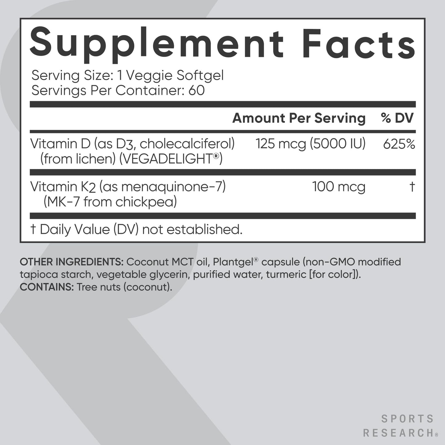 Sports Research Vegan Vitamin D3 5000 IU + K2 MK-7