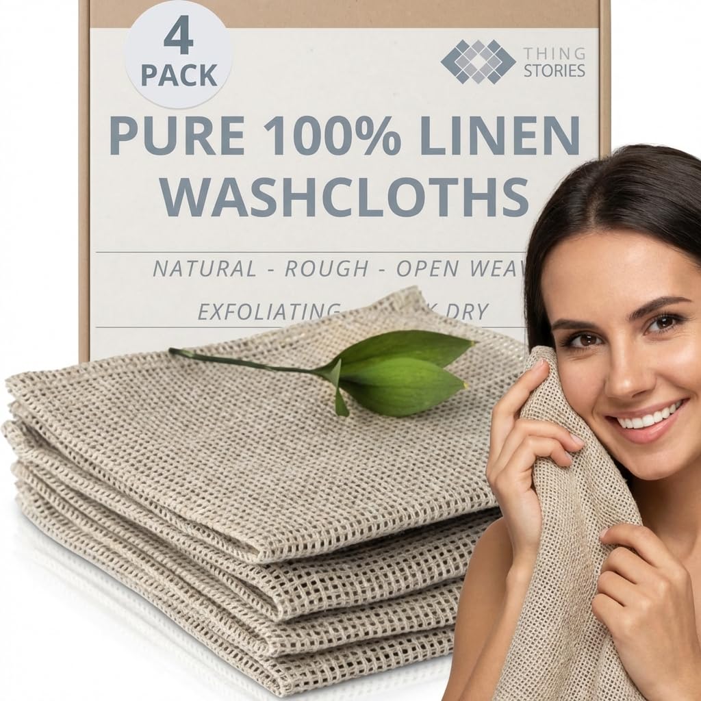 Thing Stories 100% Flax Linen Exfoliating Washcloths 12x12" (4-Pack)