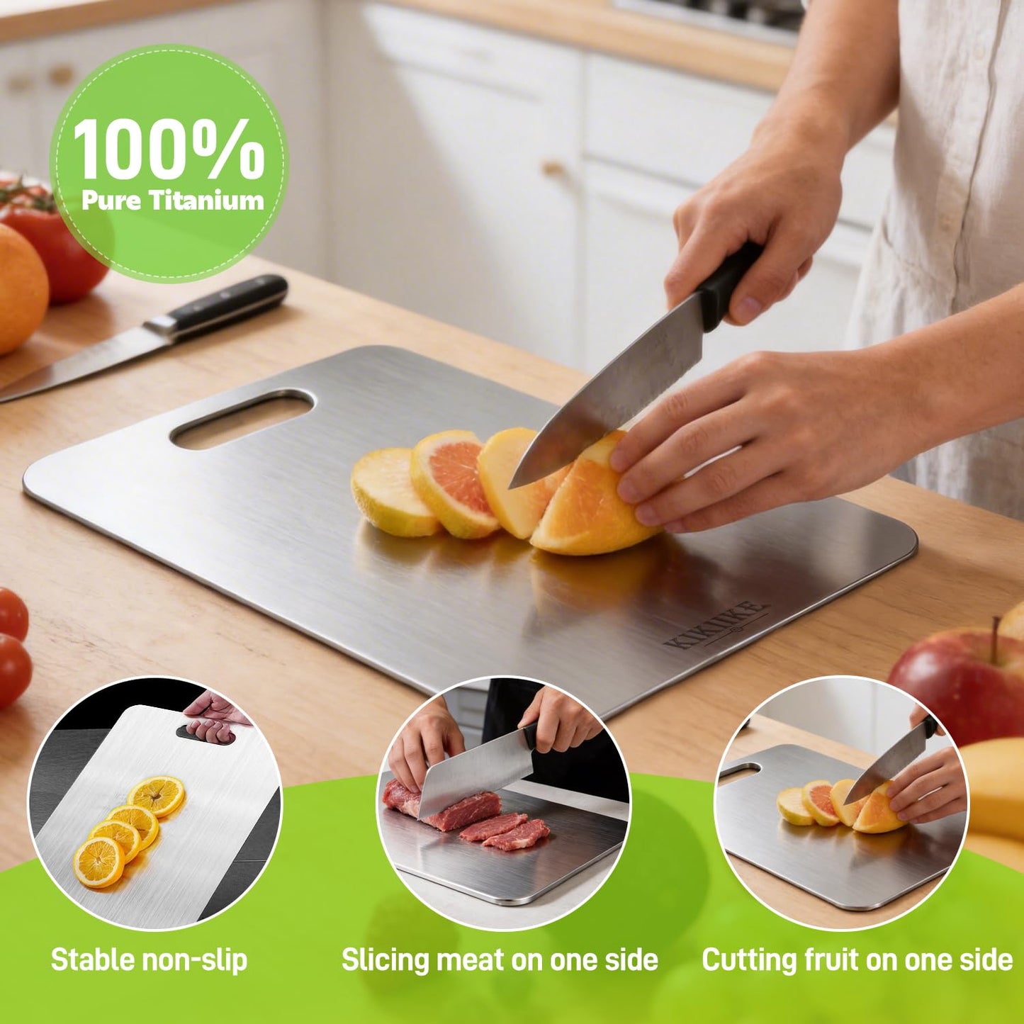 KIKIIKE Premium 100% Pure Titanium Cutting Board — Food-Grade & Anti-Microbial (39x28cm)