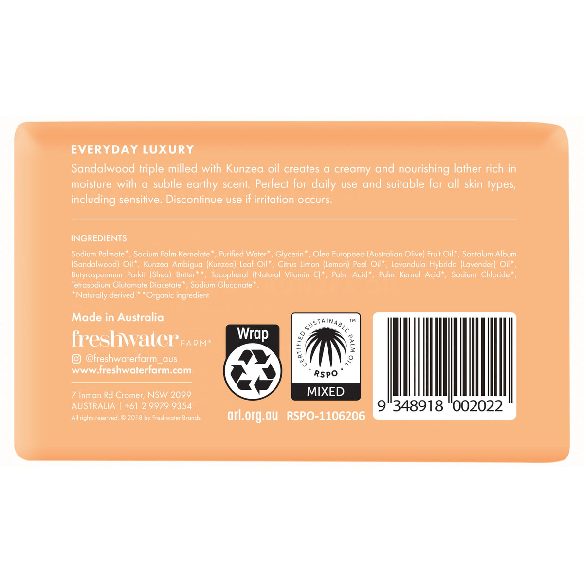 Freshwater Farm Australia Soothing Castile Body Bar — Sandalwood & Kunzea Oil (200g x 8 Pack)