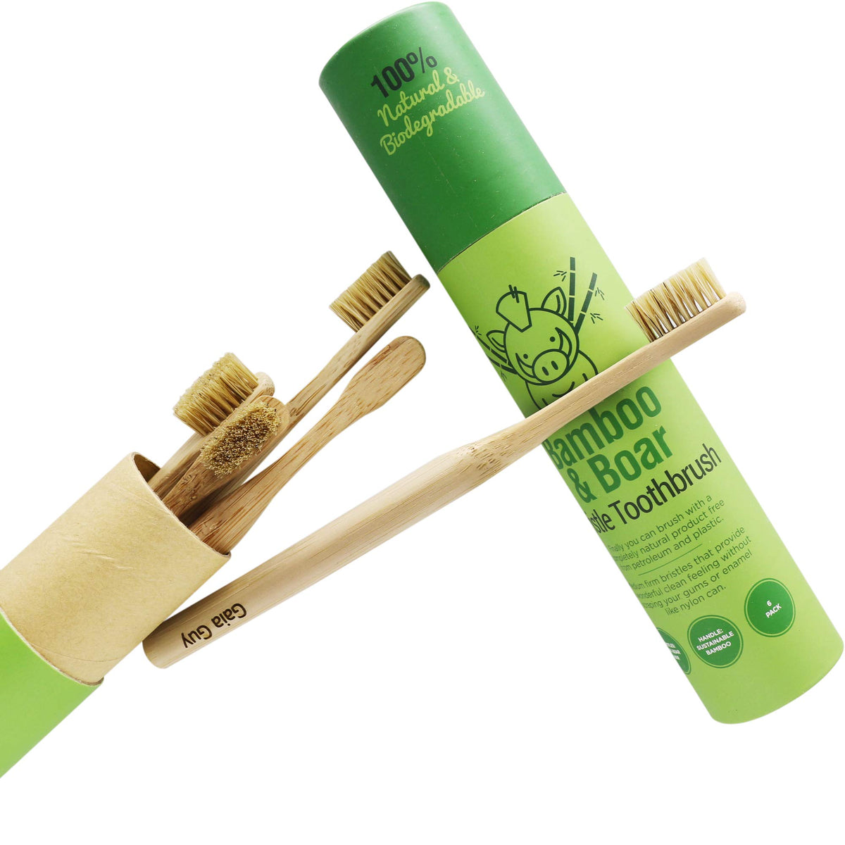 Gaia Guy 100% Natural Boar Bristle Bamboo Toothbrush (6-Pack)
