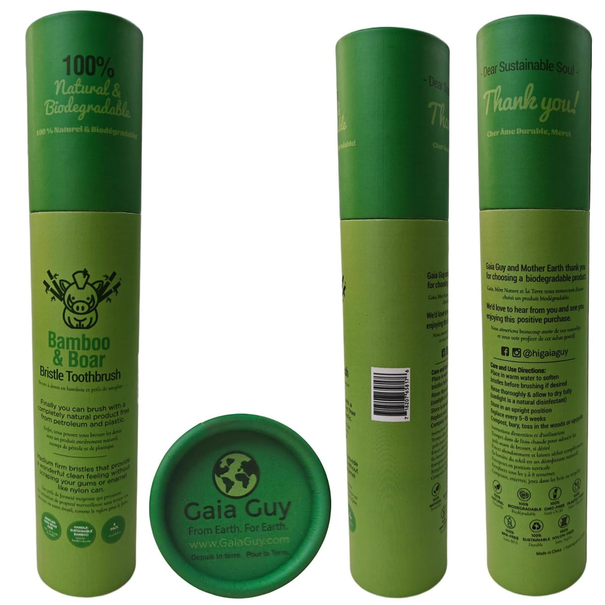 Gaia Guy 100% Natural Boar Bristle Bamboo Toothbrush (6-Pack)