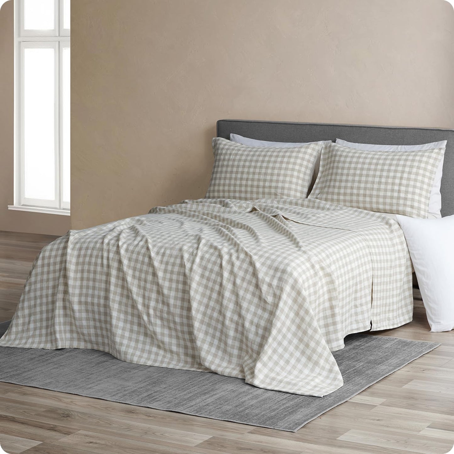 DAPU French Flax Pure Linen Sheet Set (Gingham Queen)
