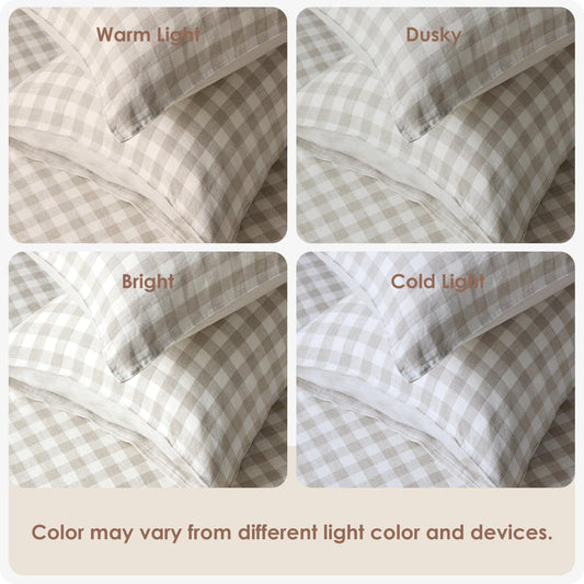 DAPU French Flax Pure Linen Sheet Set (Gingham Queen)