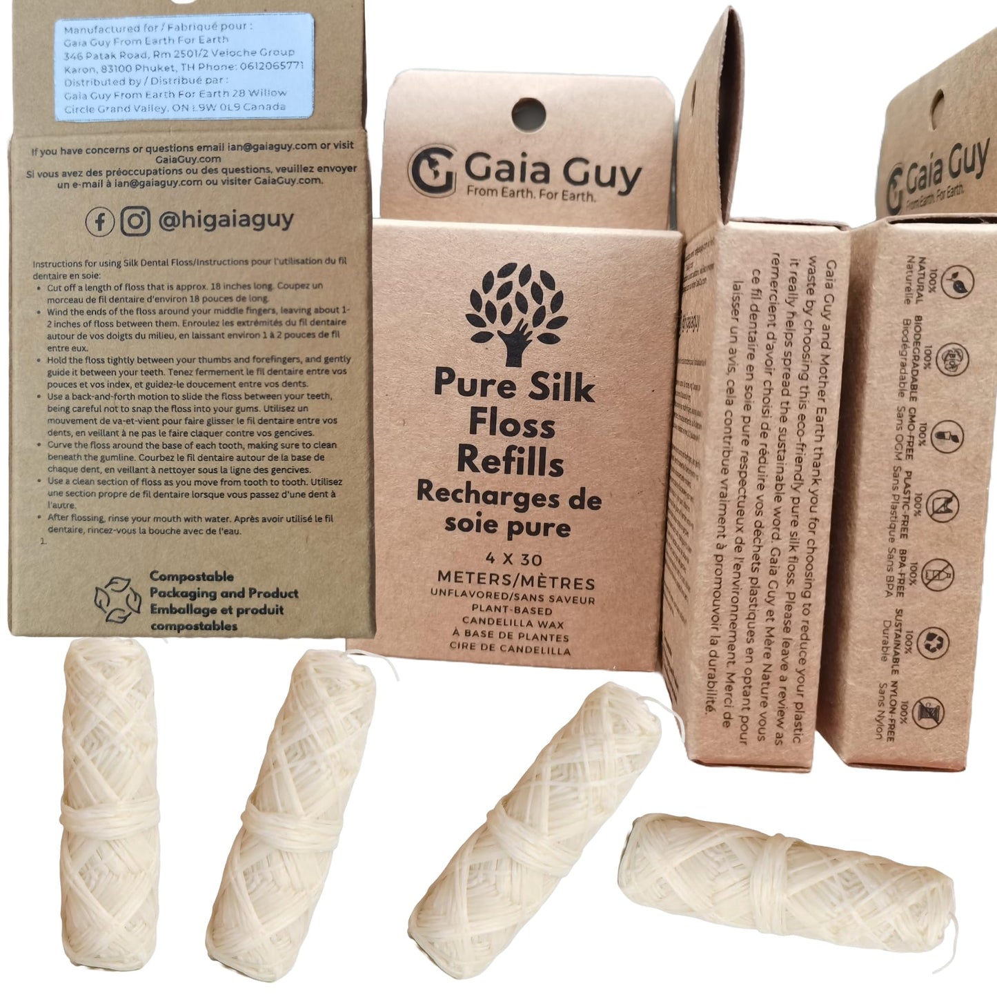 Gaia Guy Unflavored Natural Silk Dental Floss Refill (4 x 30m Spools)