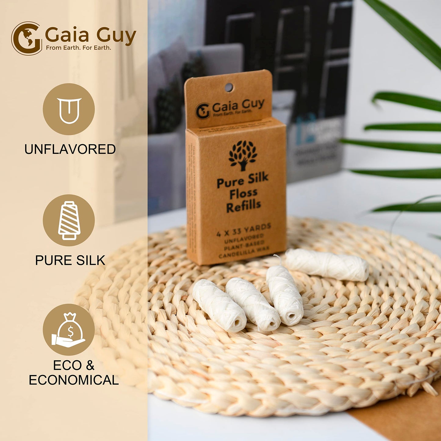 Gaia Guy Unflavored Natural Silk Dental Floss Refill (4 x 30m Spools)