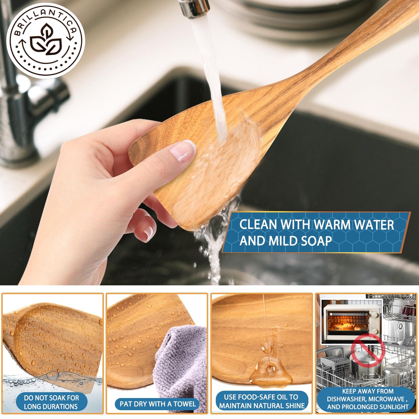 Brillantica Premium Natural Wooden Cooking Utensils & Spatulas (4-Piece Set)