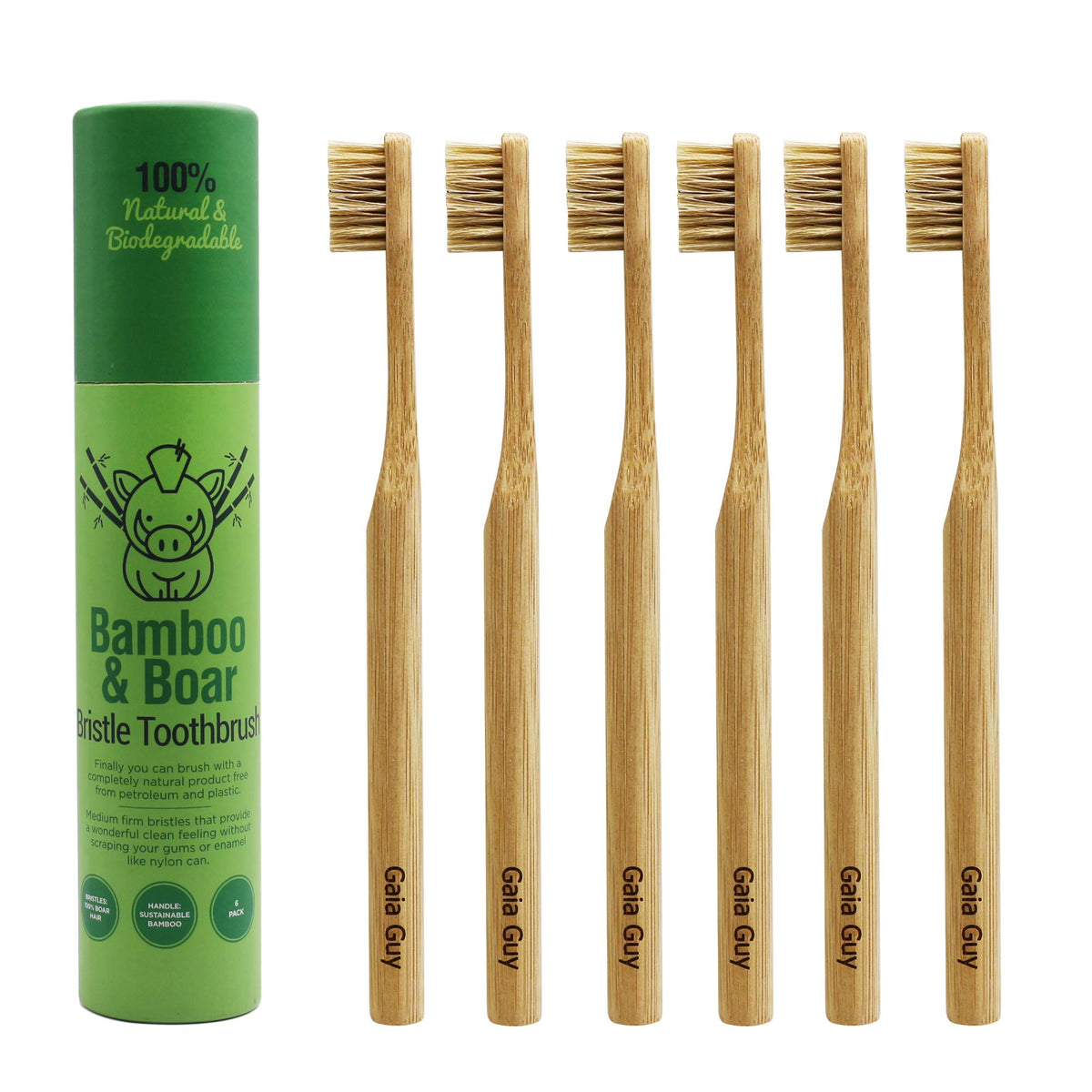Gaia Guy 100% Natural Boar Bristle Bamboo Toothbrush (6-Pack)