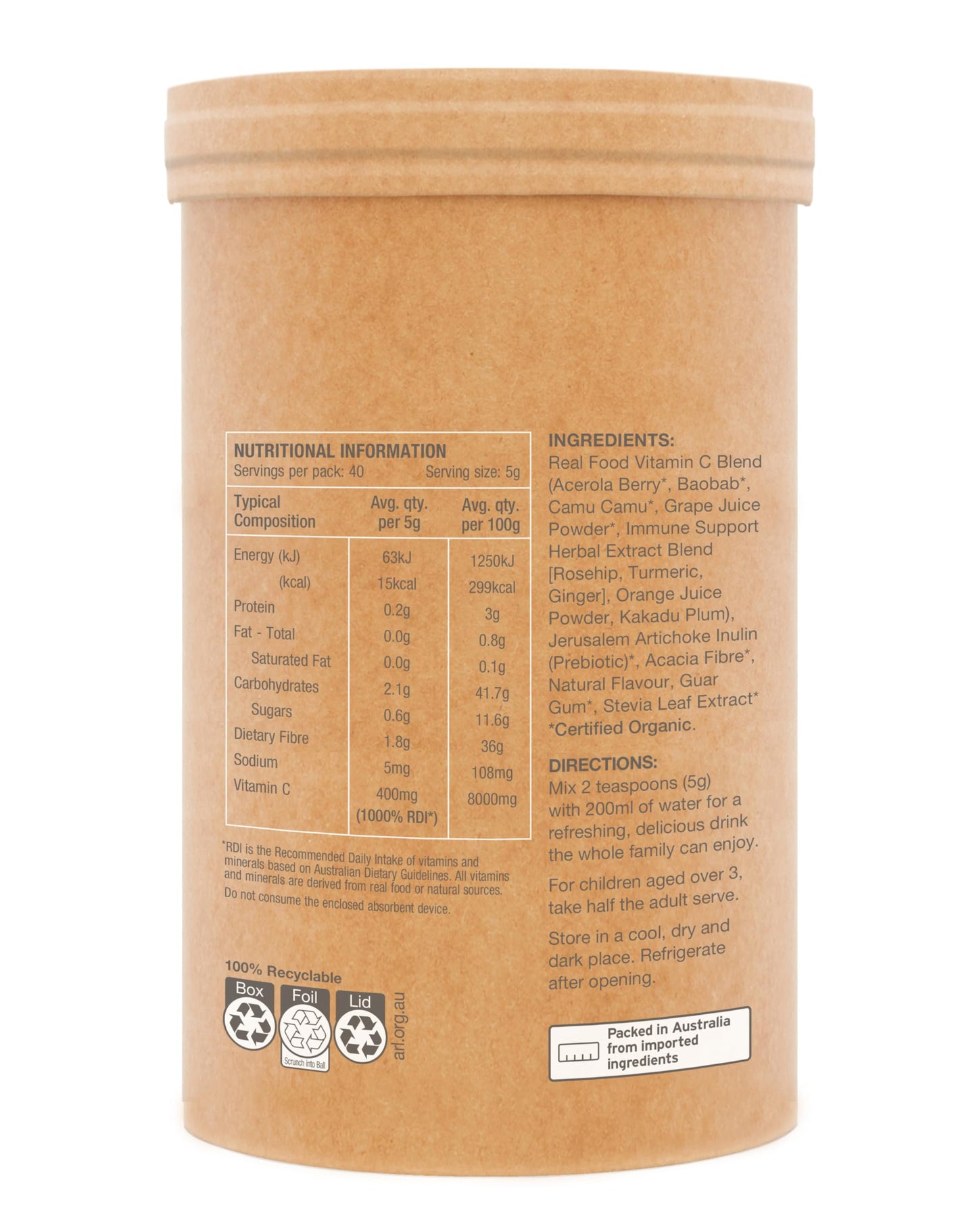Amazonia Raw Real Food Nutrients Organic Vitamin C Powder (Passionfruit 200g)