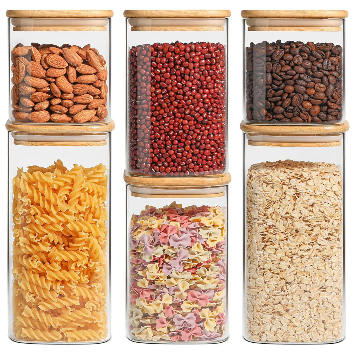 ComSaf Square Glass Pantry Canisters with Bamboo Lids | 6-Pack