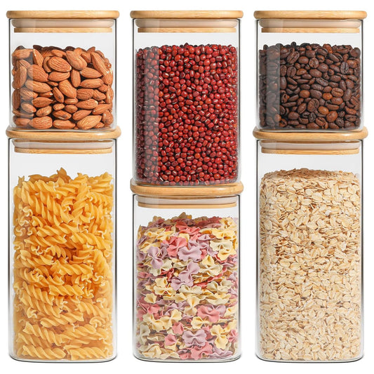 ComSaf Square Glass Pantry Canisters with Bamboo Lids | 6-Pack