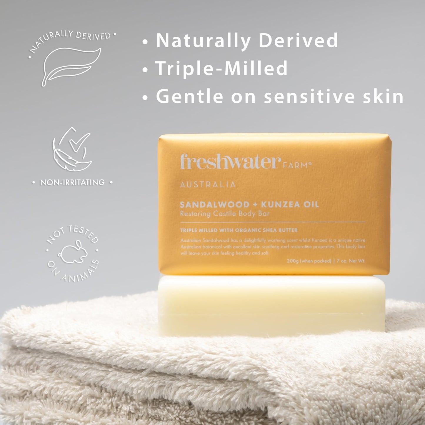 Freshwater Farm Australia Soothing Castile Body Bar — Sandalwood & Kunzea Oil (200g x 8 Pack)