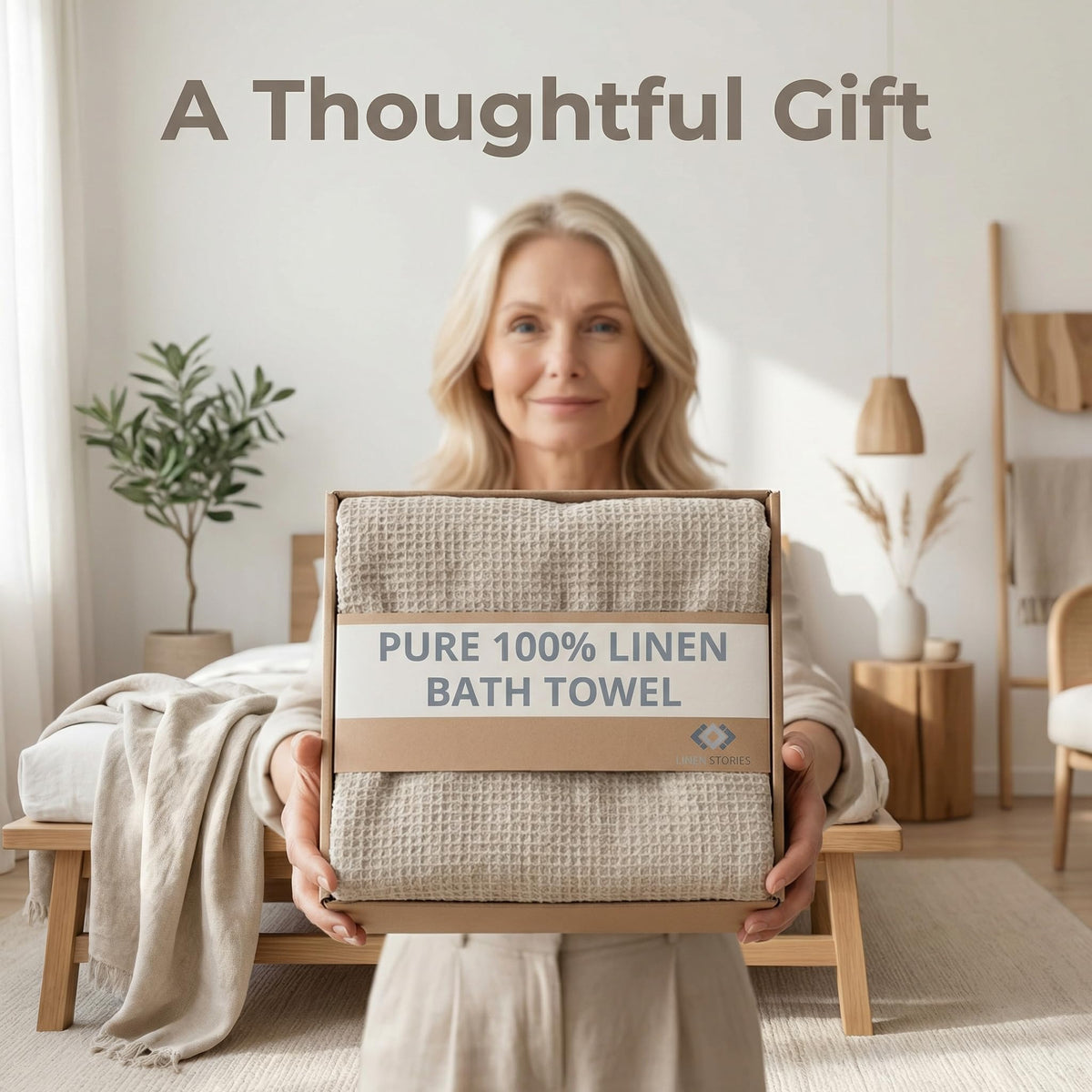 PThing Stories Pure 100% Linen Waffle Weave Bath Towel (30x60")