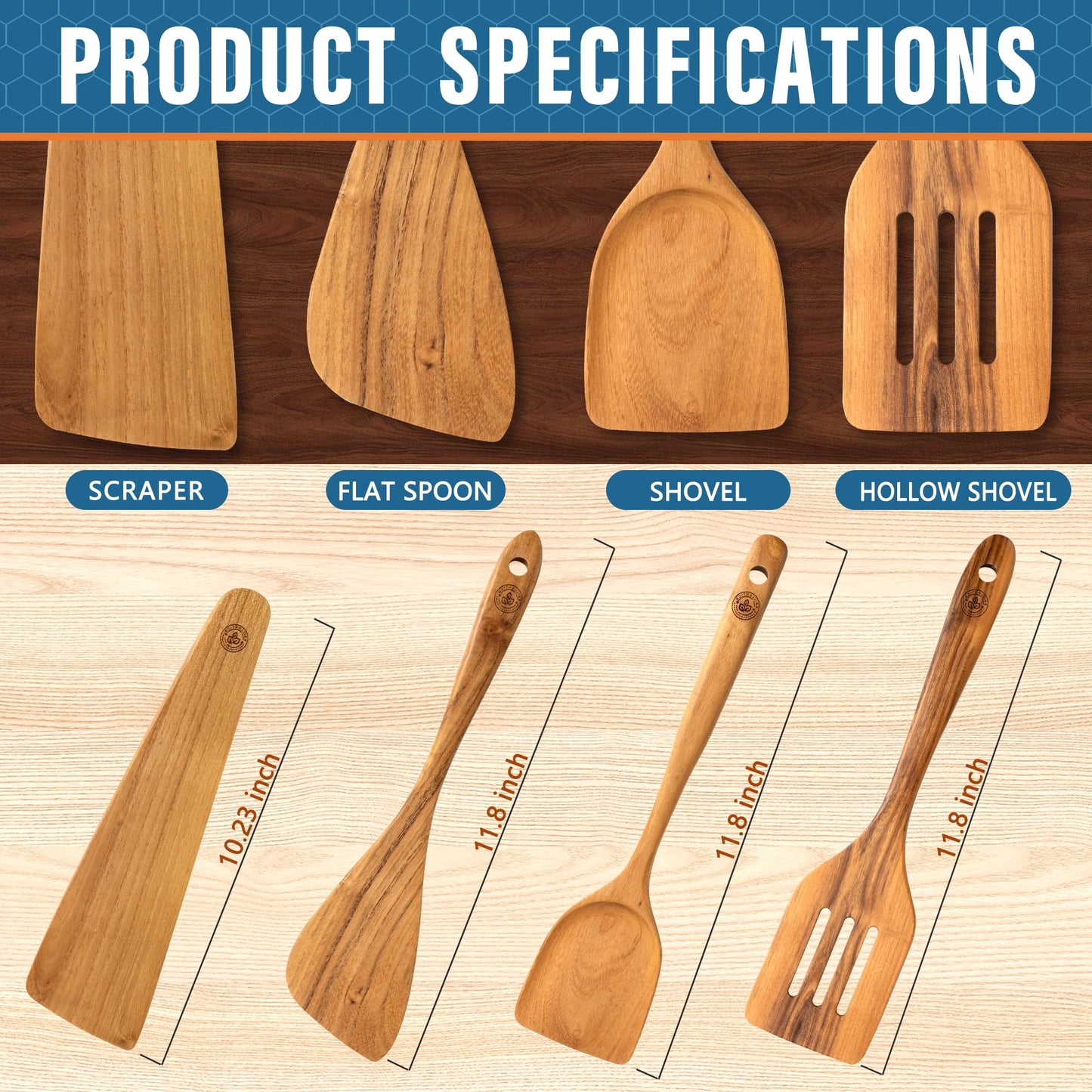 Brillantica Premium Natural Wooden Cooking Utensils & Spatulas (4-Piece Set)