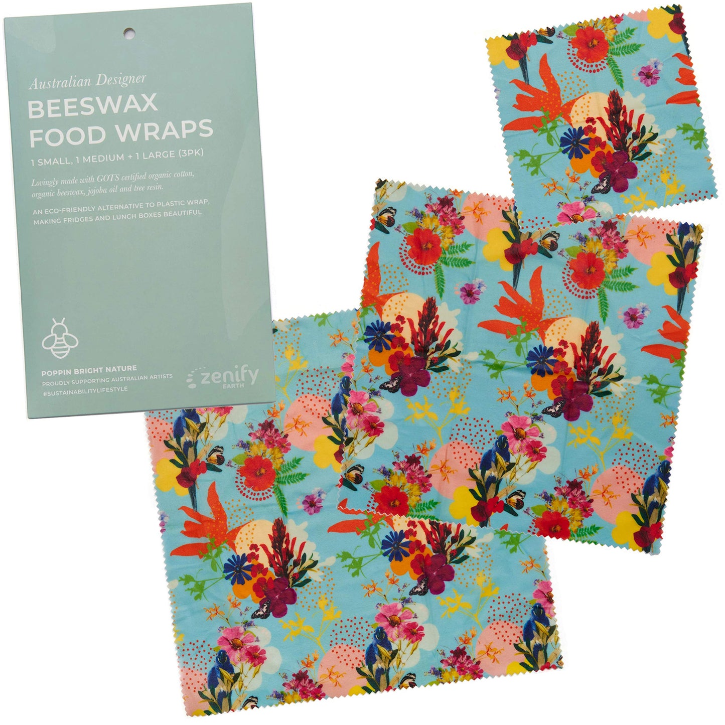 Zenify Earth Reusable Beeswax Food Wraps — Poppin' Bright Nature (Set of 3)