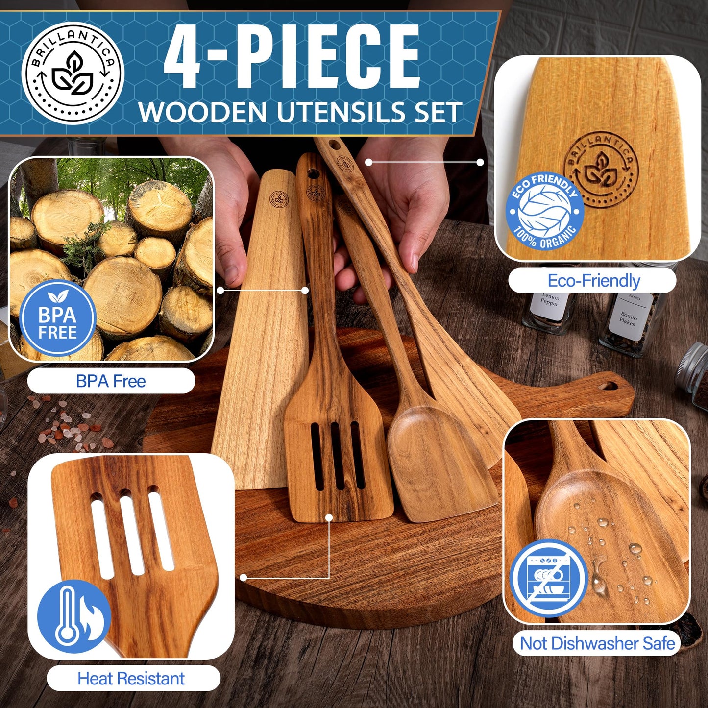Brillantica Premium Natural Wooden Cooking Utensils & Spatulas (4-Piece Set)