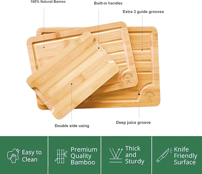 The Kitchen Hub Reversible Organic Bamboo Chopping Board Set (3-Piece Set)