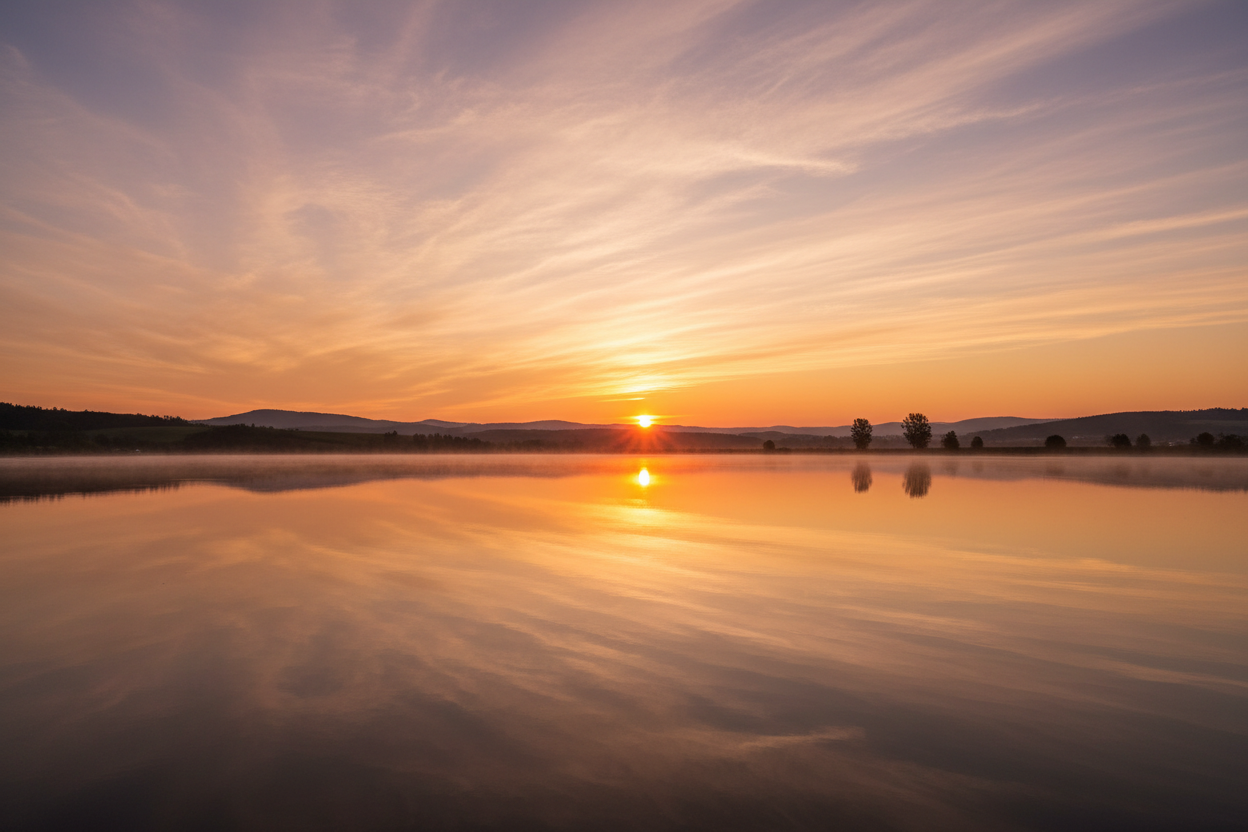 Sunset over a lake with sky reflection representing biological fidelity and circadian transition — Auralis Longevity Universal Framework