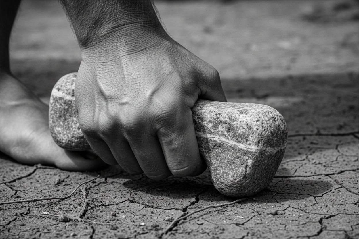 Hand holding a stone on cracked ground representing functional human movement and the principle of athletic performance — Auralis Longevity