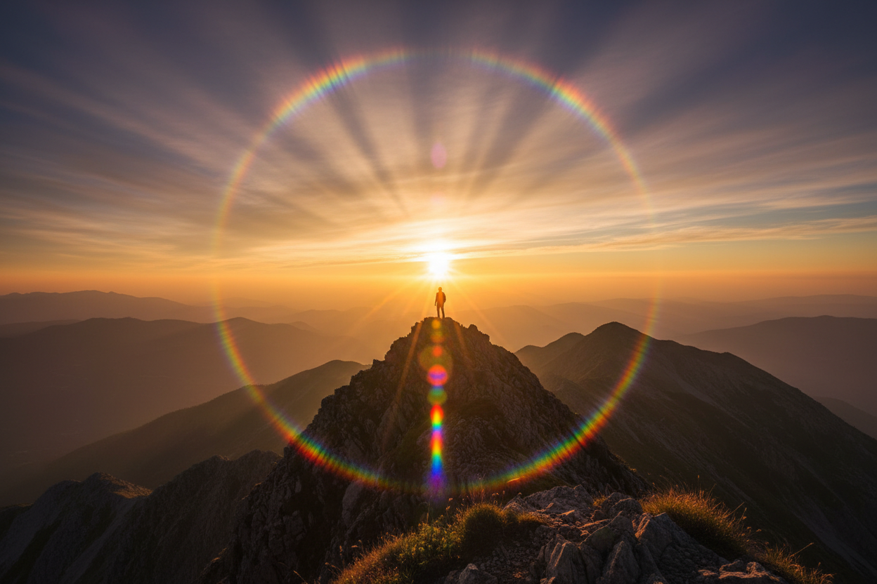 Wide angle shot of a human silhouette on a mountain at sunrise with a prism effect representing full spectrum biological integration and human vitality — Auralis Longevity