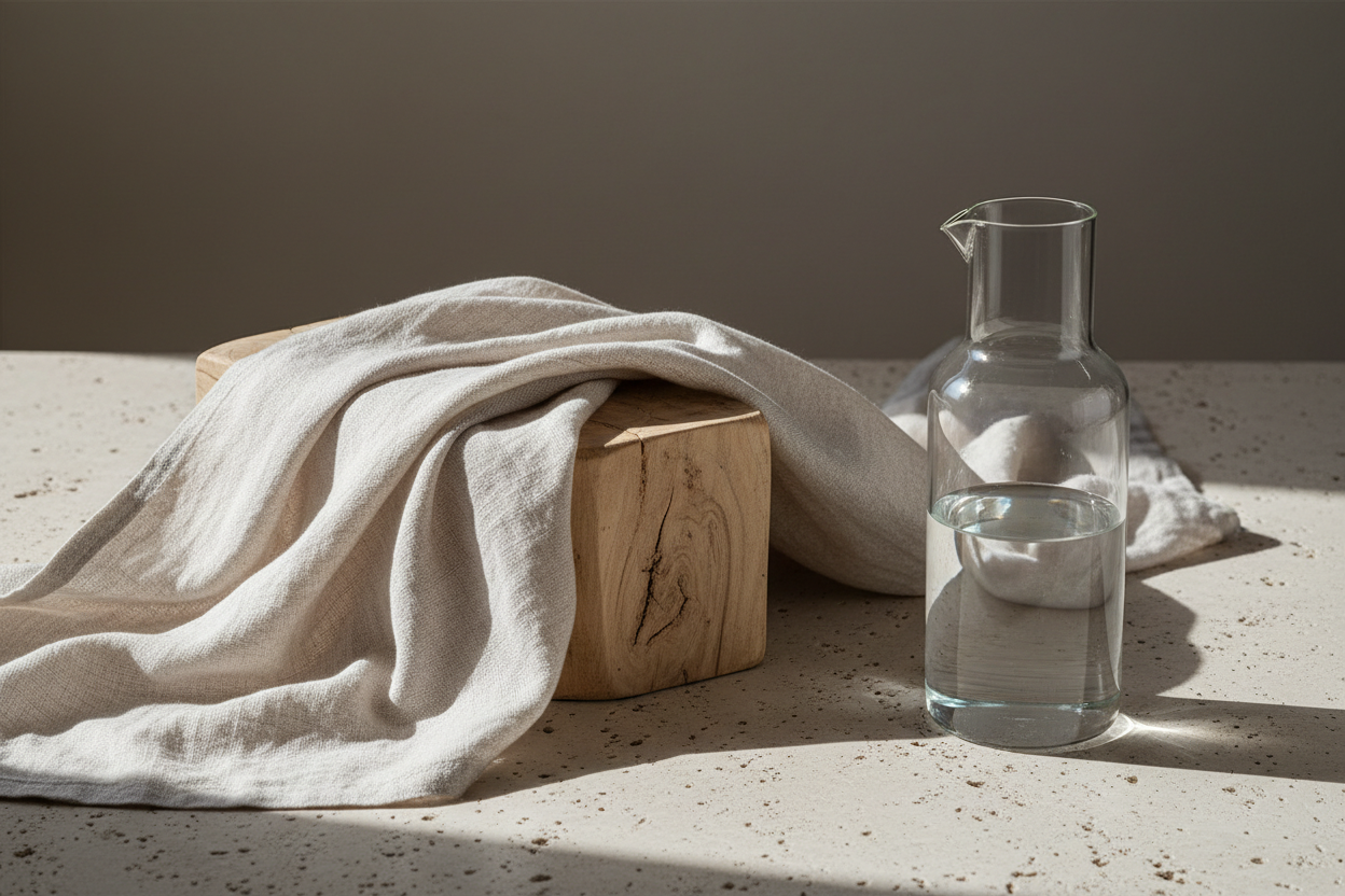 Clear glass carafe with white linen draped over a wooden block on a neutral background representing biological purity and the principle of natural hydration — Auralis Longevity