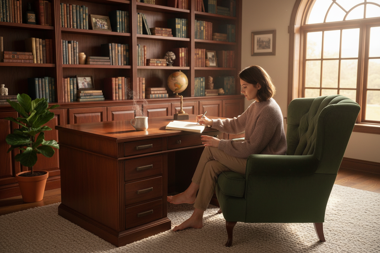 Sunlit workspace for journaling and cognitive clarity — Auralis Longevity Journal