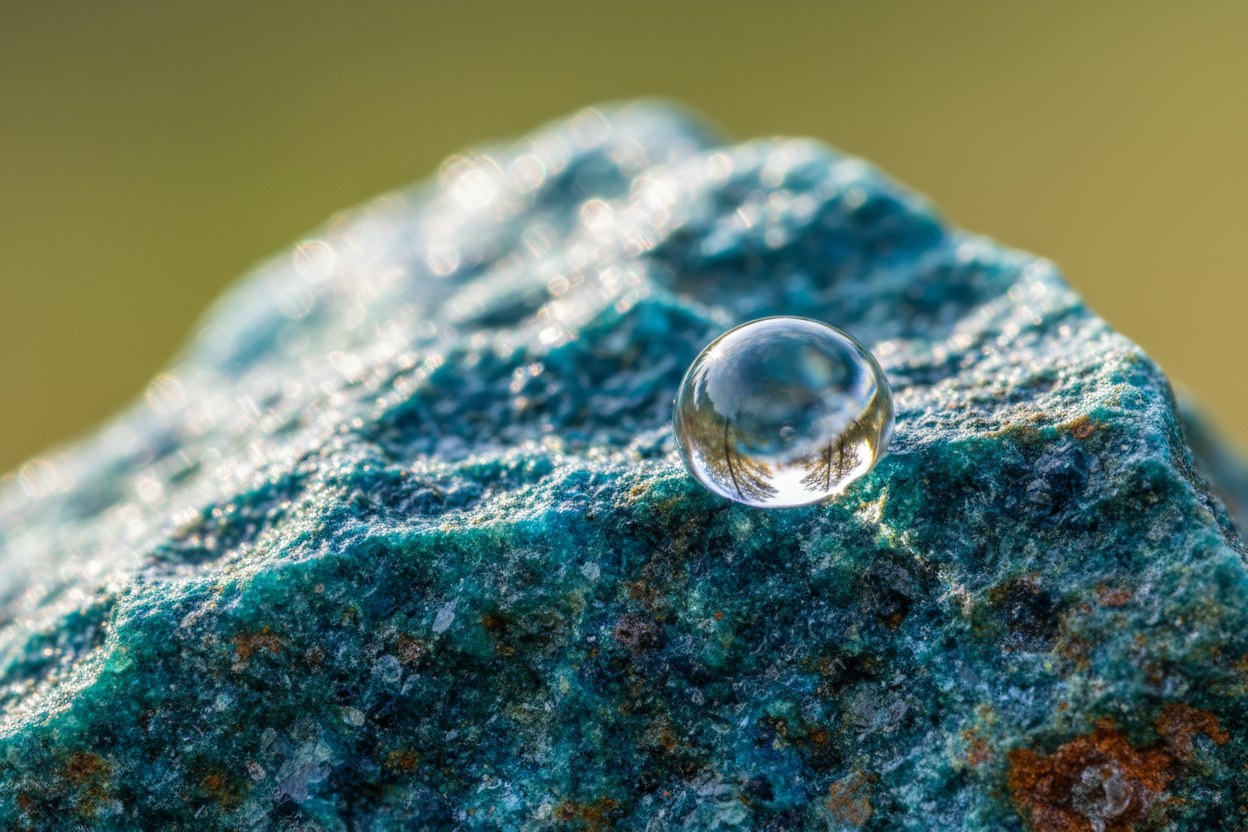 Macro artistic shot of a natural mineral crystal and a botanical leaf with a drop of dew representing biological trace elements and the principle of habitat — Auralis Longevity
