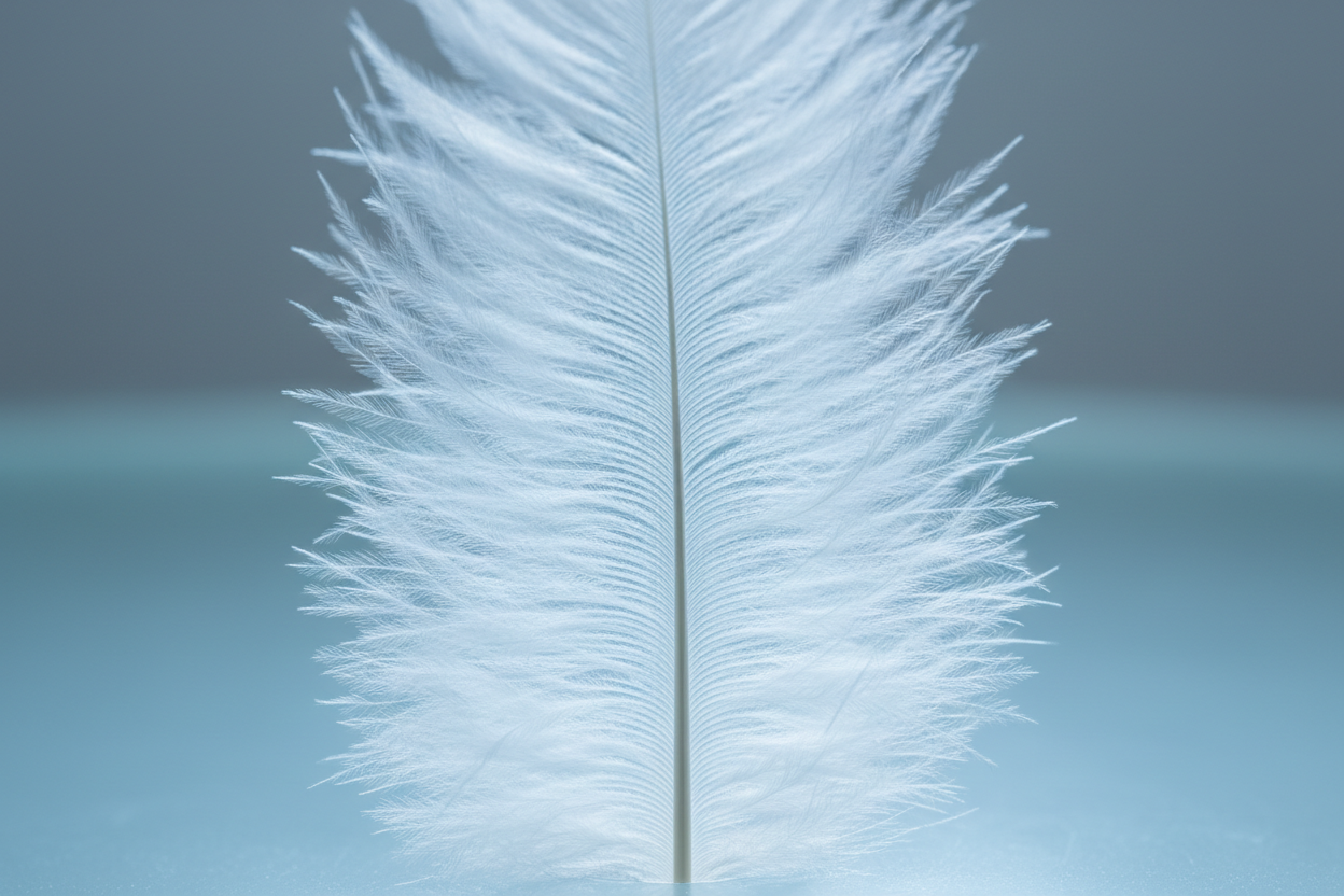 Macro shot of a perfect feather and high quality natural silk fabric catching a faint cool light representing sensory optimization and the principle of biological recovery — Auralis Longevity