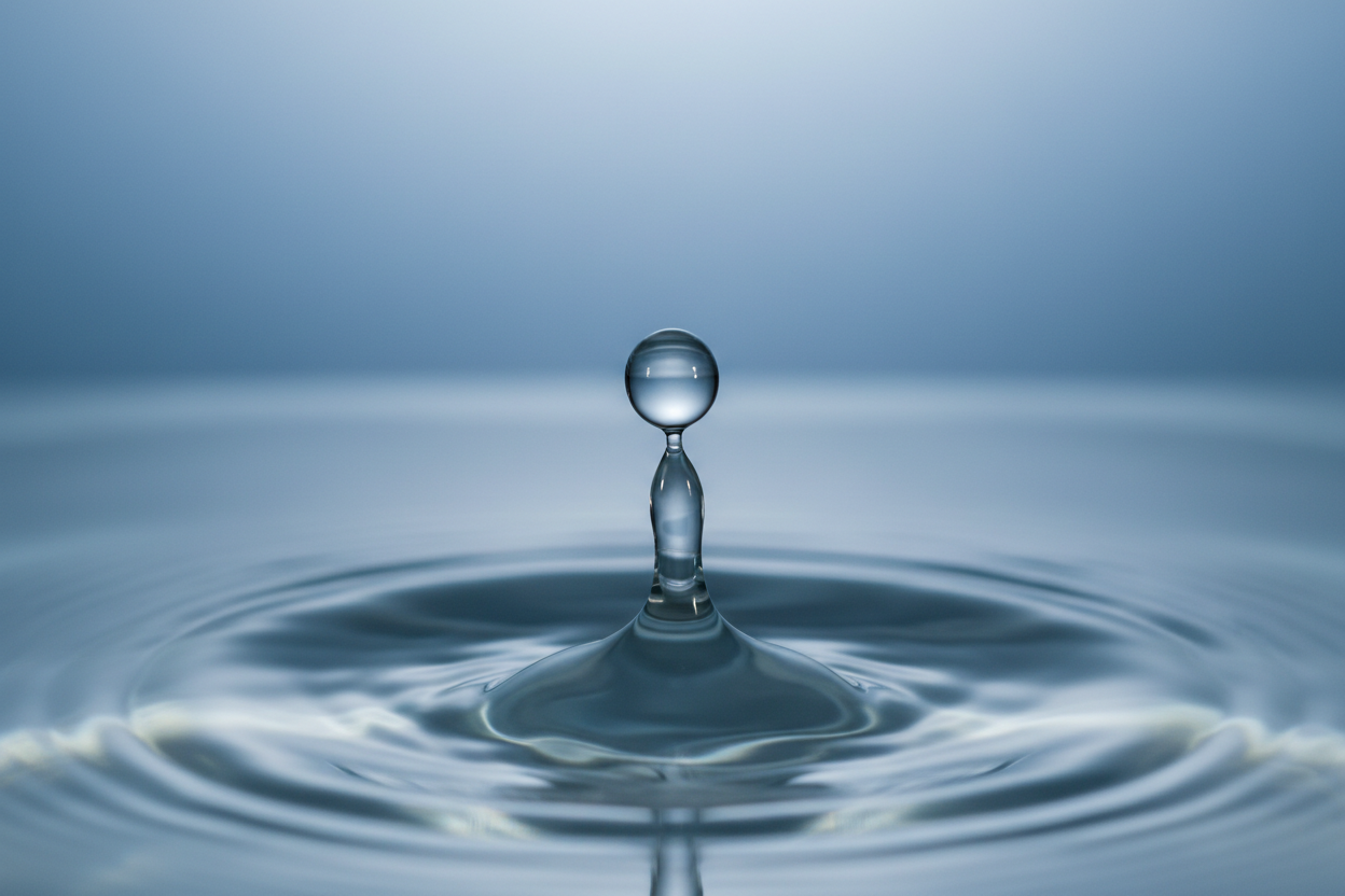 Close-up of a water droplet creating ripples on a blue gradient surface representing biological coherence and the principle of internal stillness — Auralis Longevity