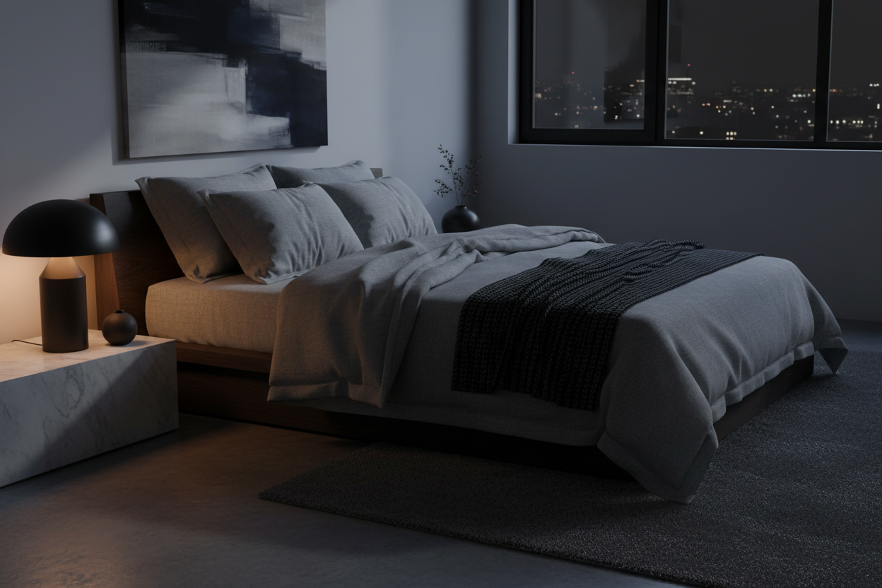 Dark bedroom with a bed nightstands and cityscape view representing biological recovery and the principle of restorative sleep — Auralis Longevity