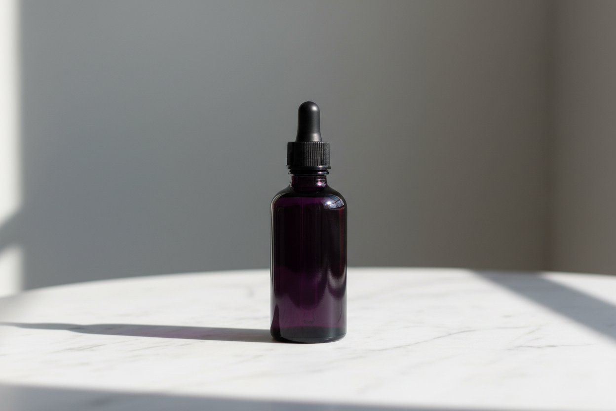 Dark violet Miron glass bottle on a white marble surface representing biophotonic preservation and the principle of high potency supplementation — Auralis Longevity