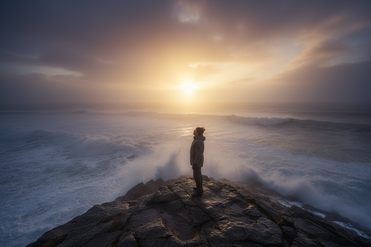 Person standing on a rocky outcrop overlooking a stormy sea with a dramatic sunset representing environmental mastery and the principle of stress regulation — Auralis Longevity