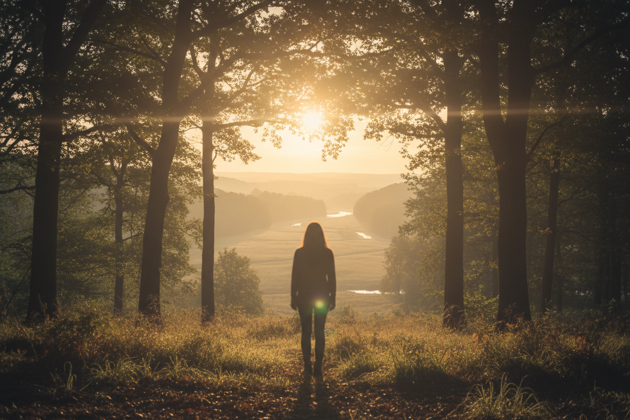 Person standing in a forest at sunset with warm light filtering through trees representing full spectrum living and the Auralis Longevity Universal Framework