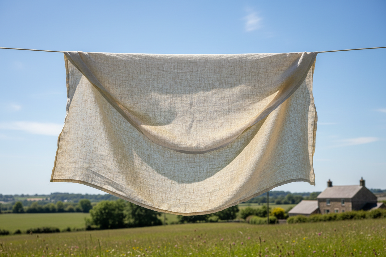 Natural white linen hanging in a rural landscape representing a clean habitat and restorative sleep — Auralis Longevity