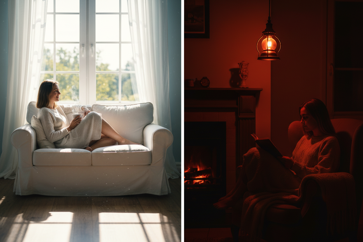 Two contrasting scenes of a woman reading by a sunlit window and a woman in a dimly lit room with warm light representing circadian rhythm and biological light signaling — Auralis Longevity