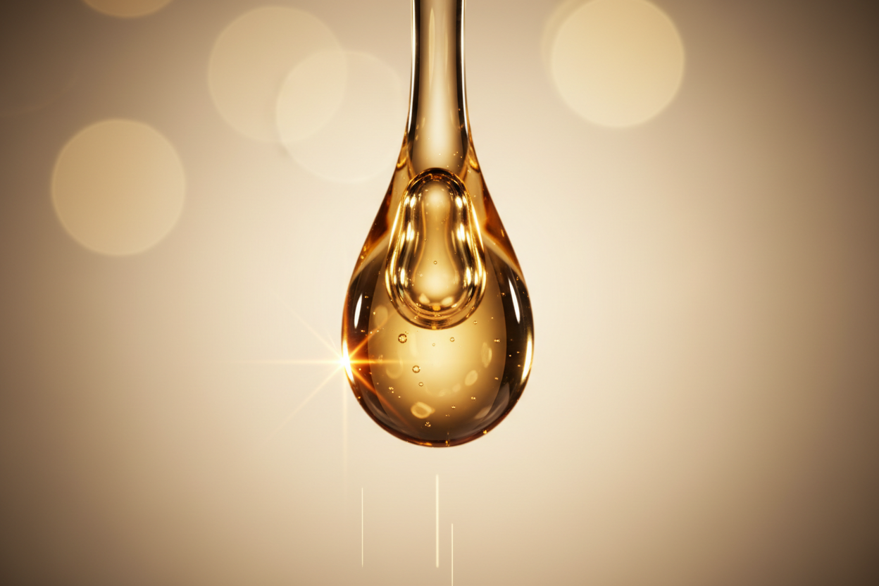 High definition macro shot of a raw translucent mineral crystal and a drop of pure golden liquid representing molecular integrity and the principle of targeted supplementation — Auralis Longevity
