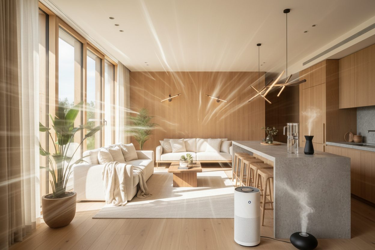 Artistic motion blur shot of a clean home environment with natural light organic textures and high-end tools representing the harmonious integration of full spectrum living — Auralis Longevity