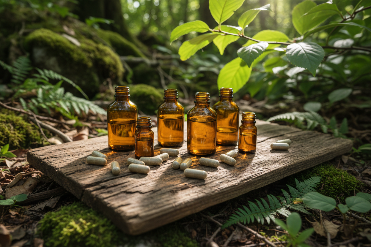 Amber glass supplement bottles on a wooden platform in a forest representing molecular nutrition and the principle of supplementation — Auralis Longevity Universal Framework